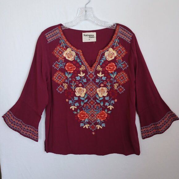 Savanna Jane Top Embroidered V Neck Boho Popover Long Sleeves Womens Medium - Picture 2 of 11